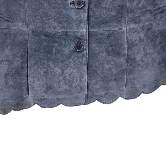 Vintage Suede Leather Scalloped Bell Cropped Blazer Jacket 12 Blue Shawl Peplum - Picture 7 of 11